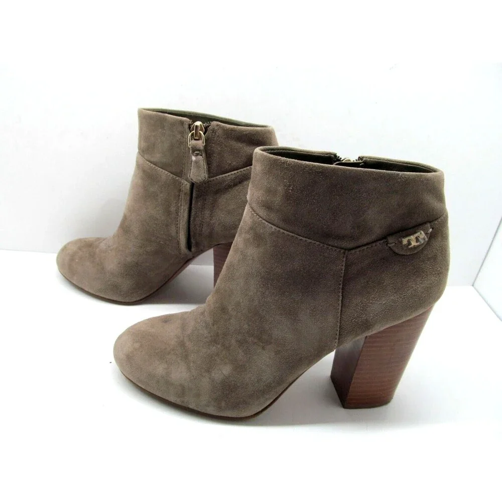 Tory Burch Tan Suede Side Zip Ankle Booties With Stacked Heels Womens US 9.5 M